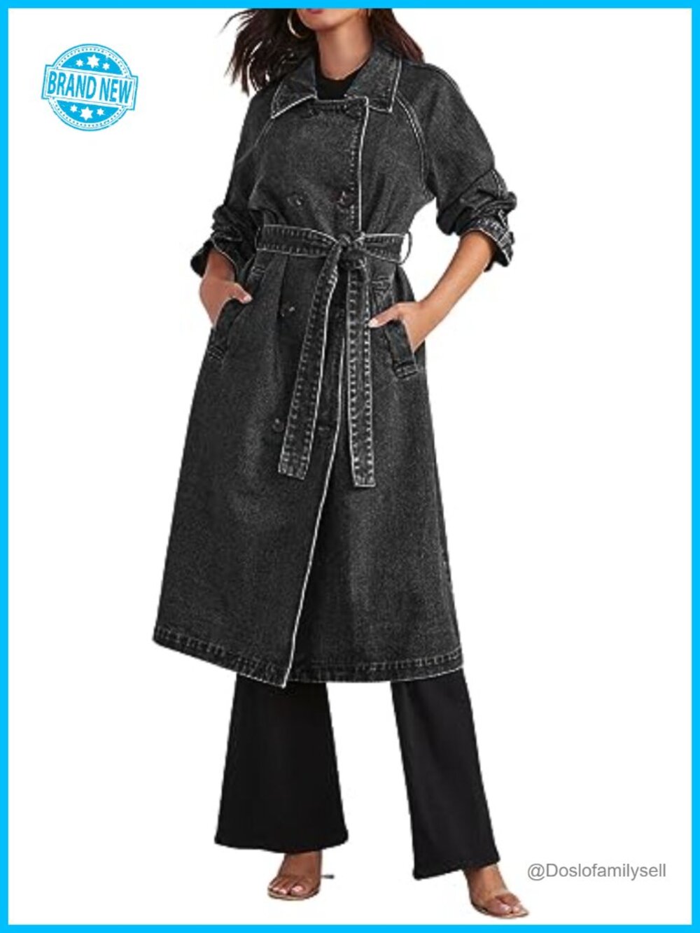 Long Denim Trench Coat Double Breasted Belted Jean Jacket Duster
